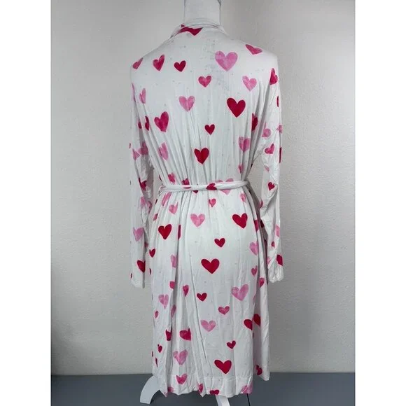 Soma women's large white pink heart print mid length cool nights robe loungewear - Picture 6 of 9